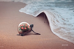 场景图片,Photoshop合成海边海龟和被掀起的海浪场景图片教程