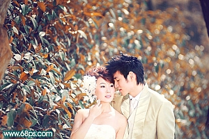 Photoshop调出橙黄色树叶背景的婚纱照片教程