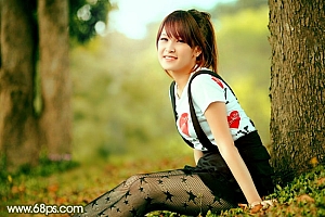 Photoshop黄绿色甜美树林女孩照片美化处理