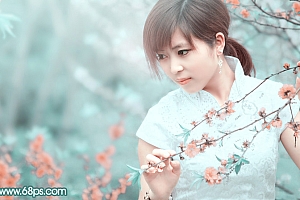 Photoshop调出淡青色的桃花林中旗袍美女照片