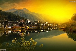 Photoshop调出金色夕阳效果的水乡风景照片