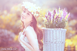 Photoshop调出唯美紫红色的采花女孩照片