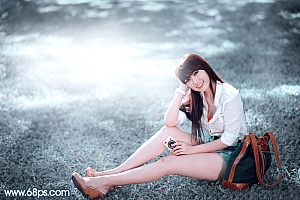 Photoshop调出泛白色的草地美女照片教程