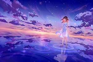 星空 海水 美少女 白色裙子动漫壁纸