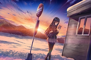 公交车站看书的女生动漫美女壁纸