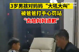 男孩向妈妈吼叫被爸爸教育打手心 越小越容易纠正!