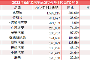 2022年新能源销量全景图:有车企最大增幅近六千倍、32个品牌年销不足百辆