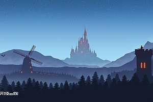 手绘夜晚城堡风景桌面壁纸