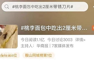 知名品牌桃李面包被曝吃出2厘米带锈刀片?5万股民懵了…  女子表示无法接受