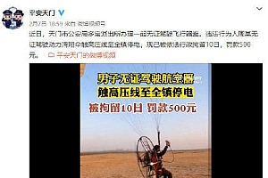 男子驾驶滑翔伞触高压线致全镇停电 罚500元拘10天