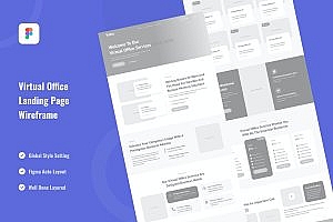 虚拟办公着陆页网站设计线框图模板 Virtual Office Landing Page Website Wireframe
