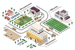 学校学习概念3D等距基建场景矢量插画 School Learning Isometric Infographic