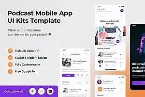 播客节目App移动应用UI套件模板 Podcasts Mobile App UI Kits Template