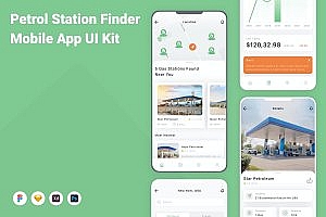 加油站搜索查找App应用程序界面设计UI套件模板 Petrol Station Finder Mobile App UI Kit