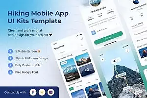 徒步旅行App移动应用UI套件模板 Hiking Mobile App UI Kits Template