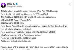 iPad Pro 14.1英寸曝光:升级M3芯片+灵动岛