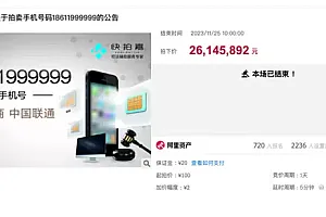 6个9手机号拍出2614万天价 起拍价仅100元