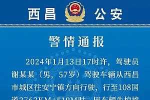 四川西昌警方:男子驾车因车辆失控撞到护栏及村民,造成一死四伤