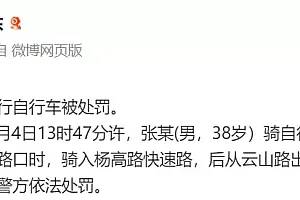 上海浦东警方:一男子在高架骑行自行车被处罚