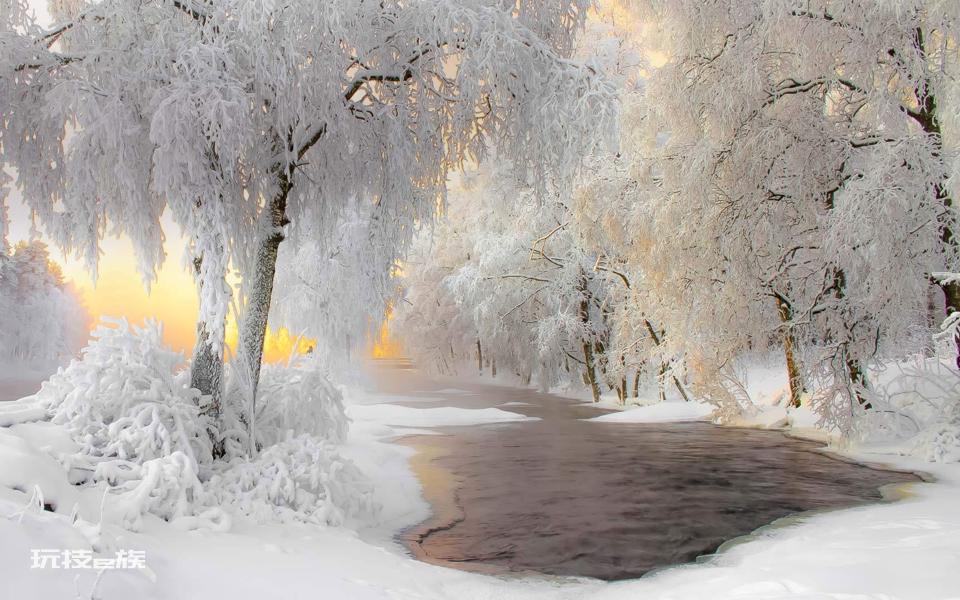 银树河流冬季雪景桌面壁纸