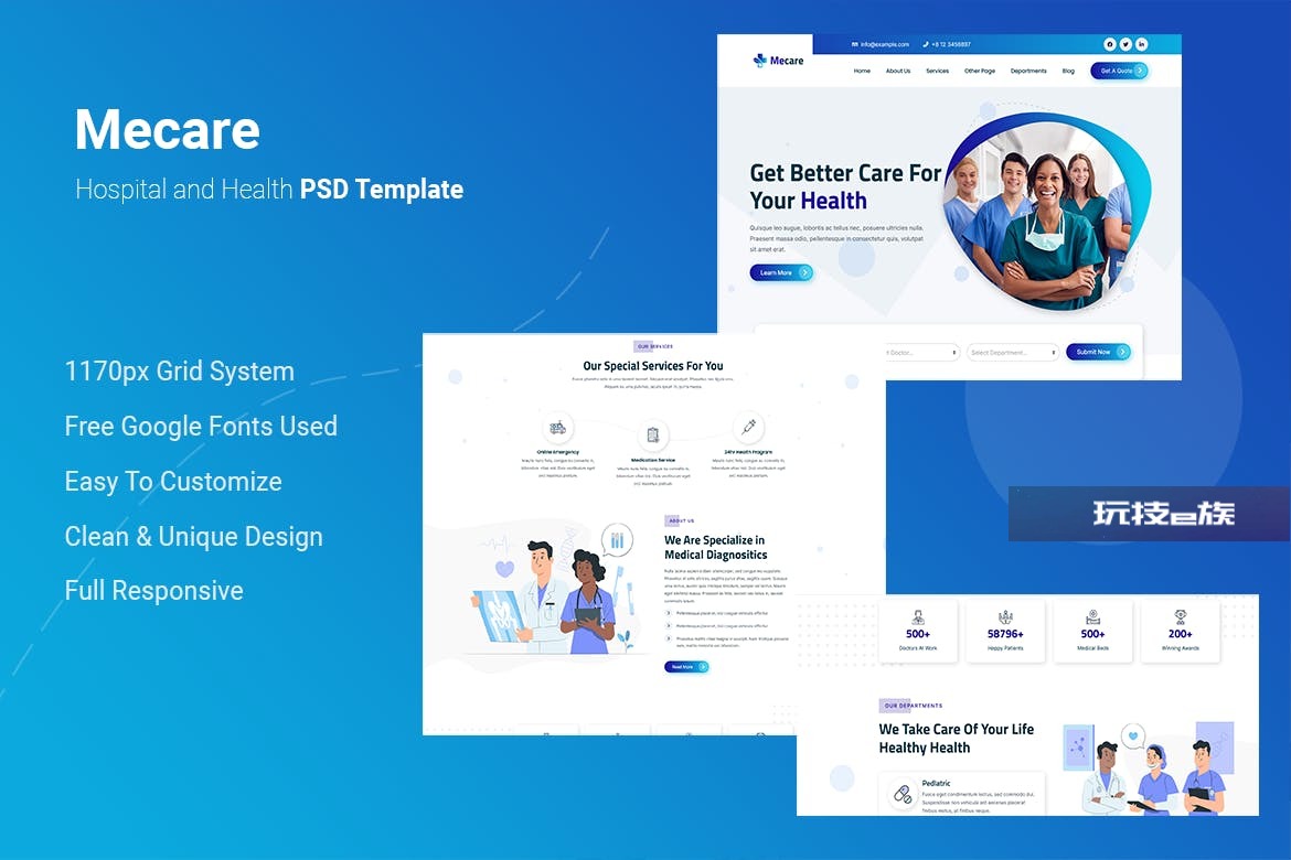 医疗和医院网站设计PSD模板 Mecare – Hospital and Health PSD Template