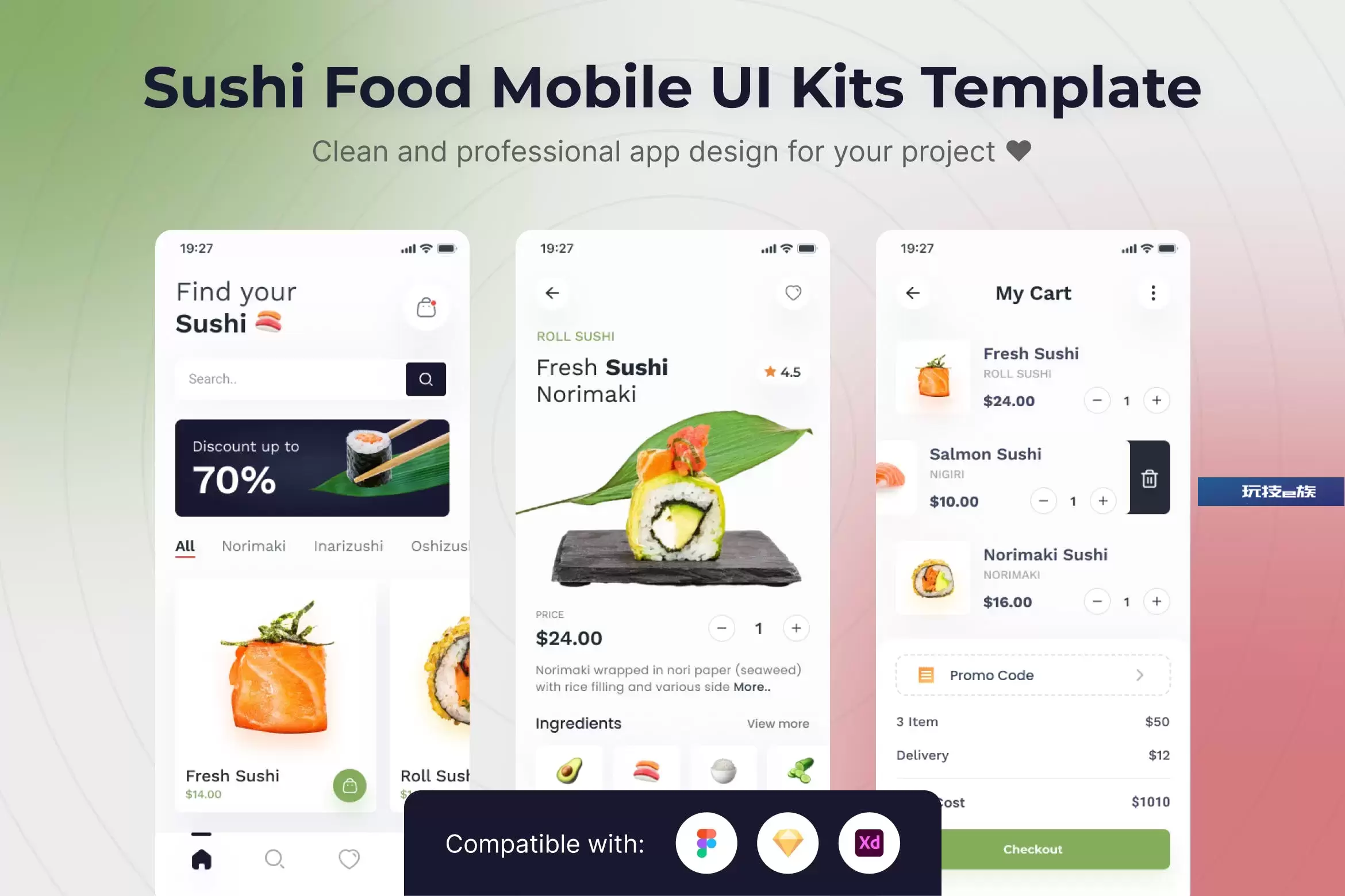 寿司食品App移动应用UI套件模板 Sushi Food Mobile App UI Kits Template