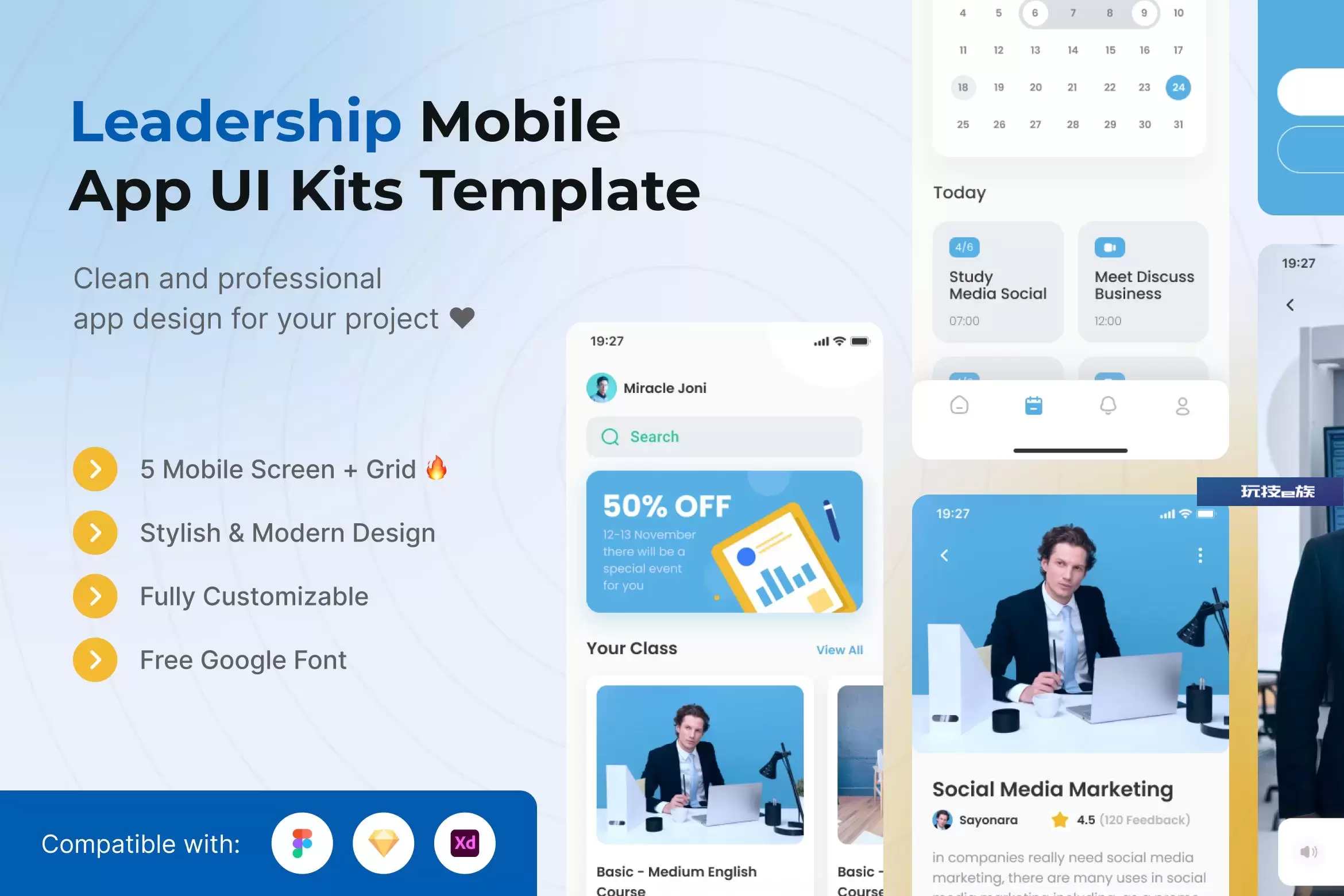 影响者App移动应用UI套件模板 Leadership Mobile App UI Kits Template
