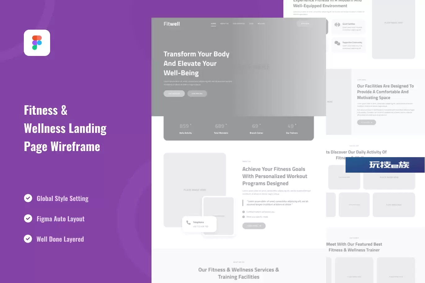 健身与健康主题网站设计线框图 Figma 模板 Fitness & Wellness Landing Page Wireframe Figma